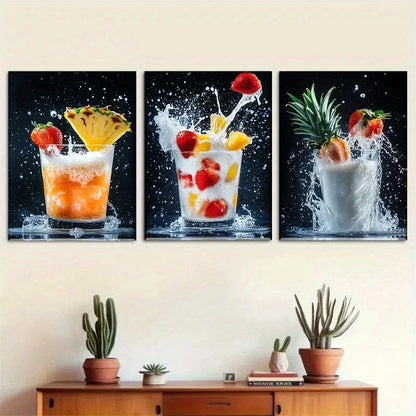 3pcs Vibrant Fruit Drink Colourful Metal Print Ready to Hang Art
