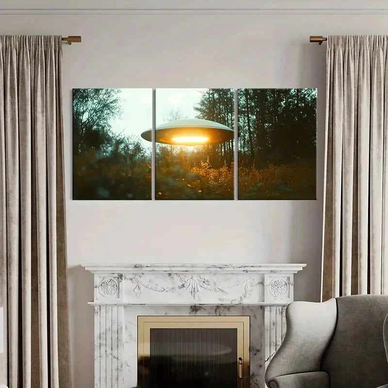 3pcs Ufos In The Mountains And Forests Wall Art Set Canvas Framed 40x60cm - High Quality Print 100% Australian Made Wall Canvas Ready to Hang
