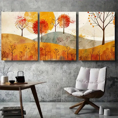3pcs Vibrant Watercolor Trees on Rolling Hills Metal Print Ready to Hang Art