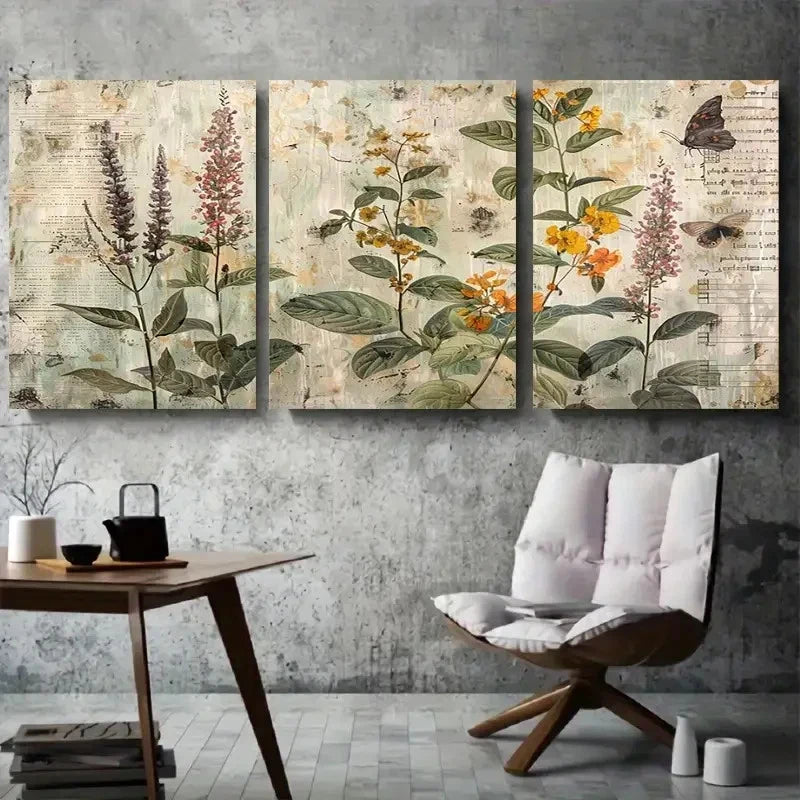3pcs Vintage Botanical Flowers & Butterflies Metal Print Ready to Hang Art