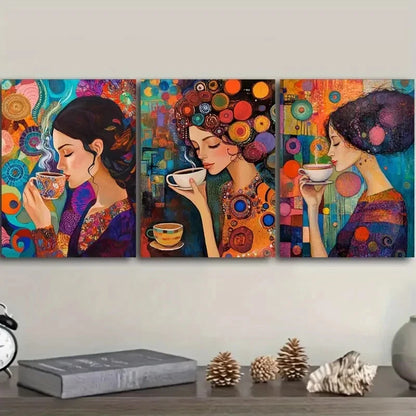 3pcs Murals Ladies Drinking Coffee Metal Print Ready to Hang Art