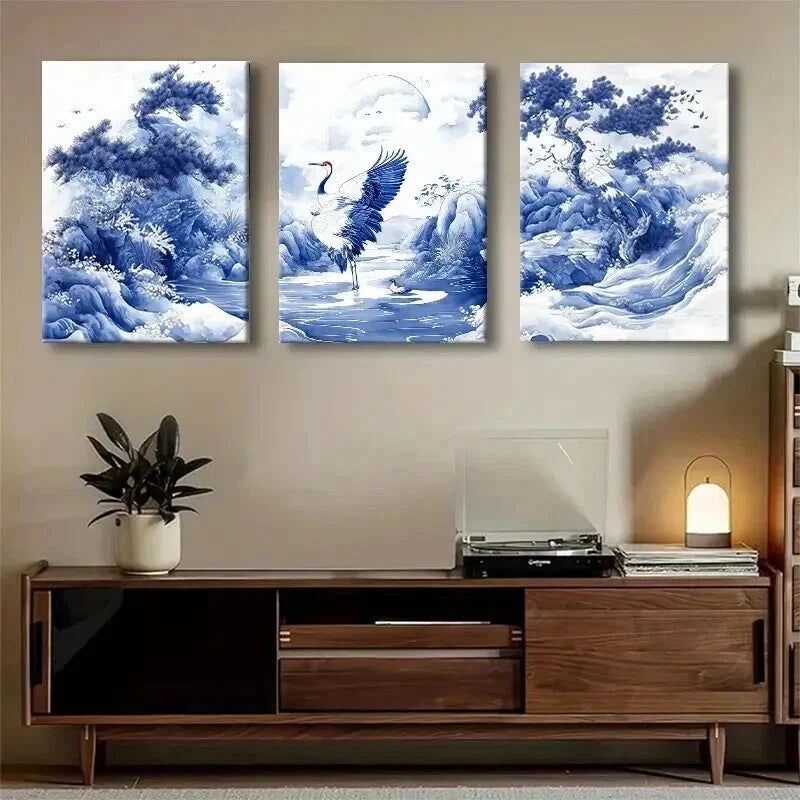 3pcs Traditional Blue and White Elegant Perfect Wall Art Set Canvas Framed 40x60cm - High Quality Print 100% Australian Made Wall Canvas Ready to Hang