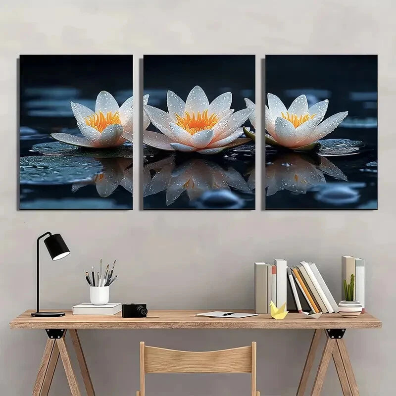 3pcs Lotus Flower Black Stones White Metal Print Ready to Hang Art
