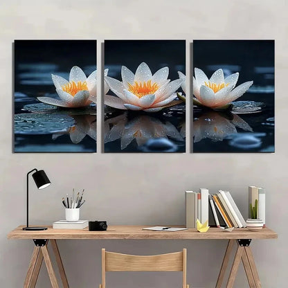 3pcs Lotus Flower Black Stones White Metal Print Ready to Hang Art