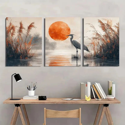 3pcs Serene Heron Golden Sunset & Misty Reeds Metal Print Ready to Hang Art