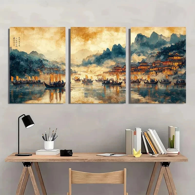 3pcs Asian Landscape with Boat Scene Metal Print Ready to Hang Art