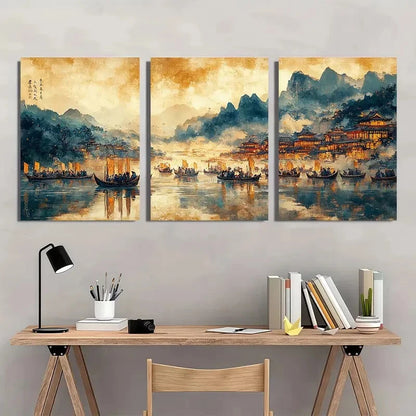 3pcs Asian Landscape with Boat Scene Metal Print Ready to Hang Art
