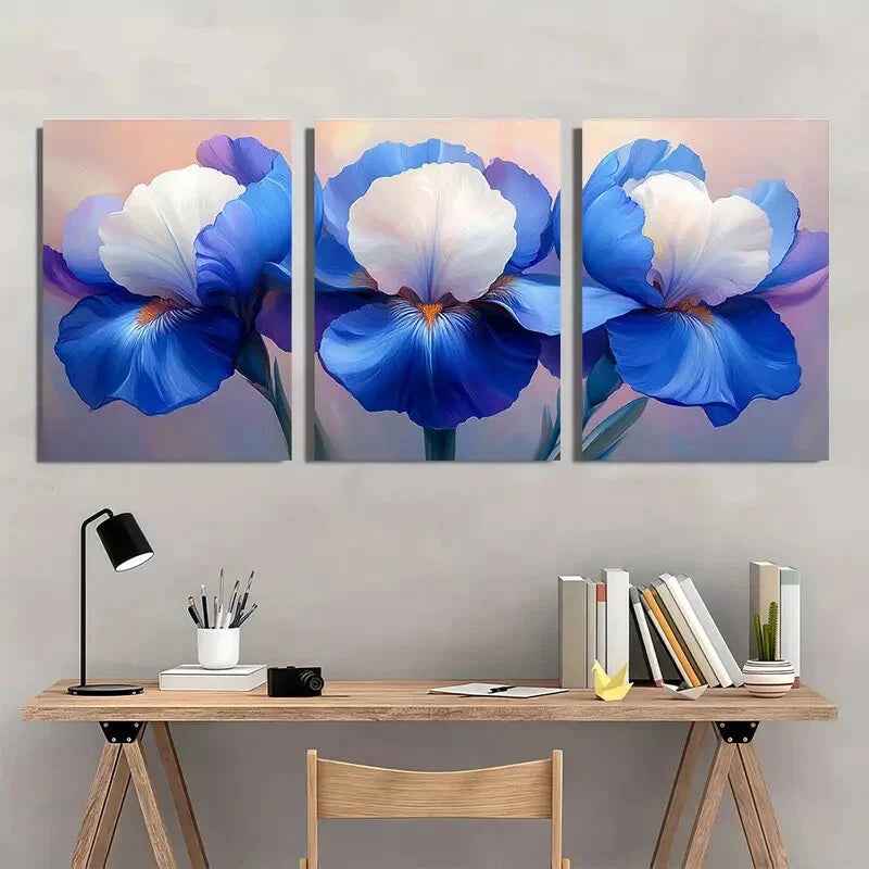 3pcs Vibrant Blue & White Iris Bouquet Metal Print Ready to Hang Art
