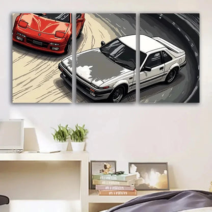 3pcs Vintage Cars in Action, Retro Wall Art Set Canvas Framed 60x90cm - High Quality Print 100% Australian Made Wall Canvas Ready to Hang