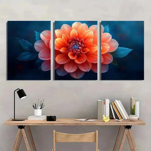3pcs Dahlia Flower Orange Red Blooms Perfect Wall Art Set Canvas Framed 40x60cm - High Quality Print 100% Australian Made Wall Canvas Ready to Hang