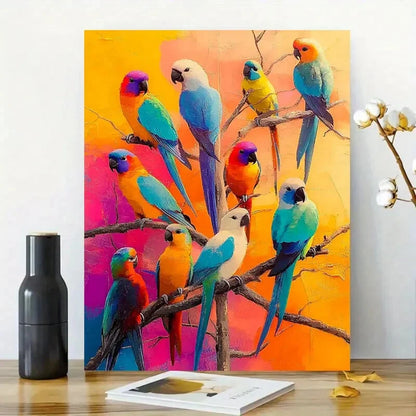 Colorful Painting of Many Beautiful Parrots Sitting 40x60cm Metal Print Ready to Hang