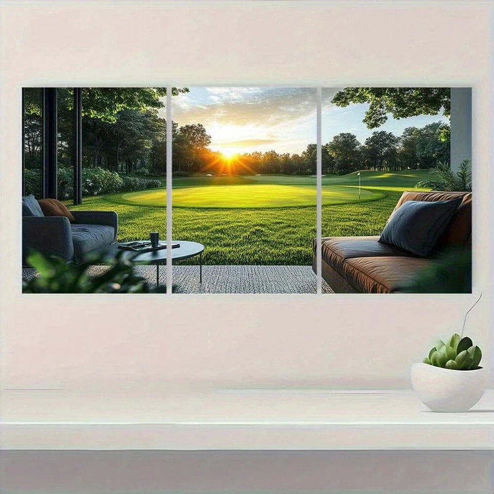 3pcs Vibrant Green Fairway & Sunset Scenery Metal Print Ready to Hang Art