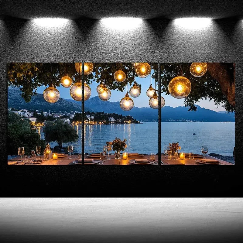 3pcs Coastal Dining Ambiance Chandelier Lamps Metal Print Ready to Hang Art