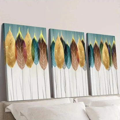 3pcs Aesthetic Gold Blue Red Leaf Design Wall Art Set Canvas Framed 40x60cm - High Quality Print 100% Australian Made Wall Canvas Ready to Hang