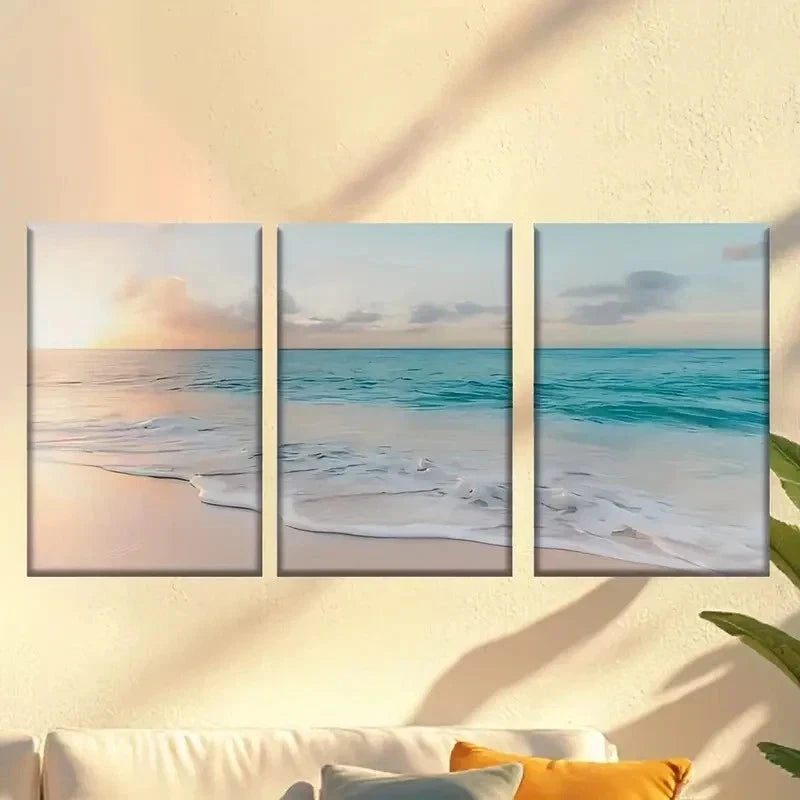 3pcs  Serene Ocean Waves & Golden Sky Wall Art Set Canvas Framed 40x60cm - High Quality Print 100% Australian Made Wall Canvas Ready to Hang