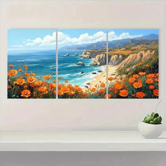 3pcs Big Sur Poppy California Coastal Perfect Wall Art Set Canvas Framed 40x60cm - High Quality Print 100% Australian Made Wall Canvas Ready to Hang