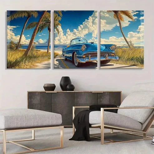 3pcs Retro Convertible Car Scenic Beach Perfect Wall Art Canvas Unframed – High Quality Print 100% Australian Made Wall Canvas