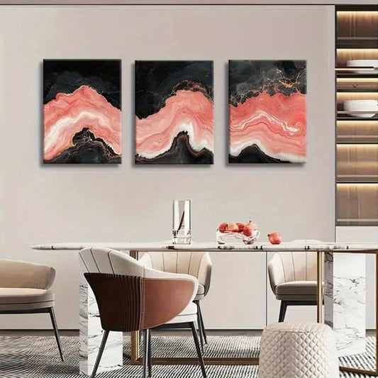 3pcs Abstract Coral Black Marble Texture Pink Metal Print Ready to Hang Art