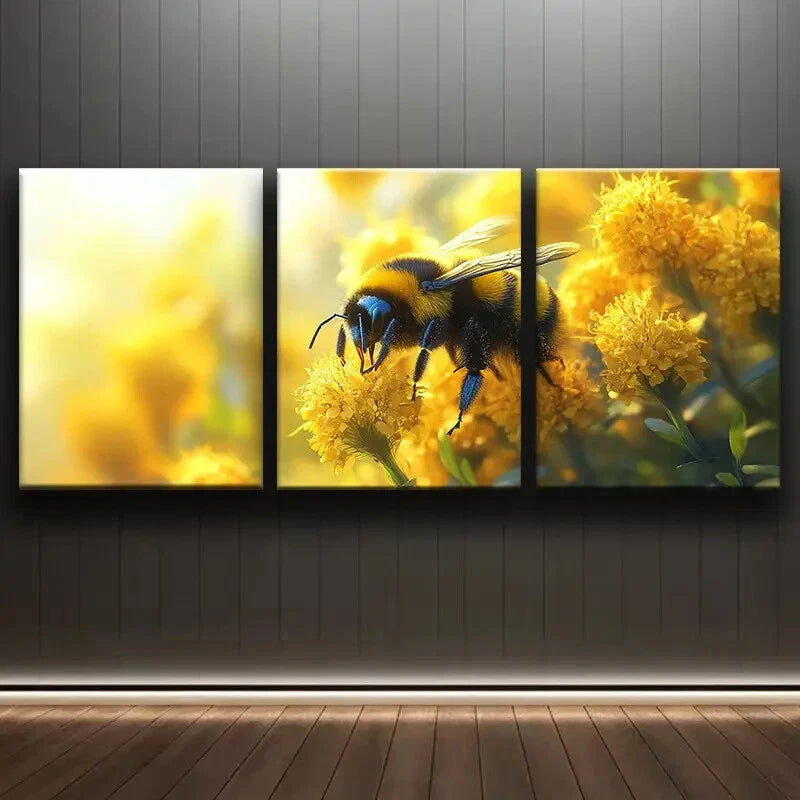 3pcs Bumblebee On Yellow Flowers Metal Print Ready to Hang Art