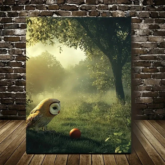 Enchanted Owl & Ball Scene in Misty Green Painting 40x60cm Metal Print Ready to Hang