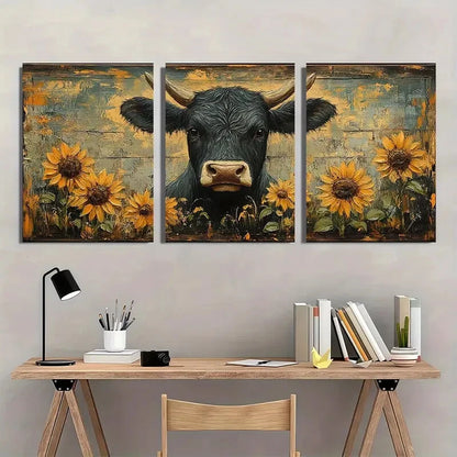 3pcs Rustic Cow Yellow Sunflower Metal Print Ready to Hang Art