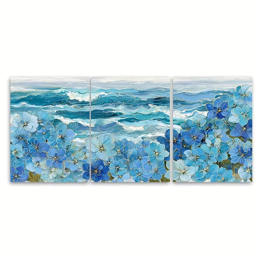 3pcs Blue Flowers And an Ocean Landscape Metal Print Ready to Hang Art