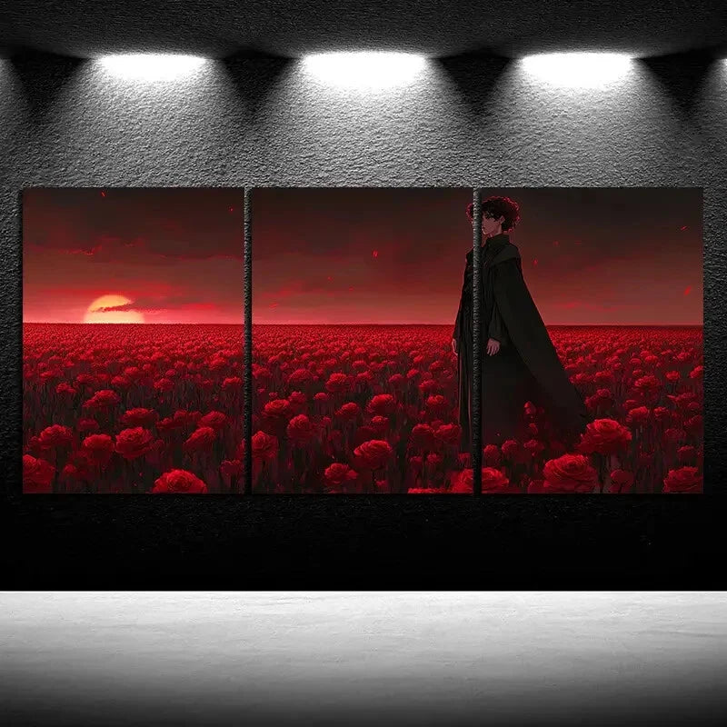 3pcs Floral Girl Red Flower Field Metal Print Ready to Hang Art