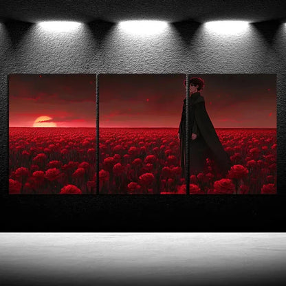 3pcs Floral Girl Red Flower Field Metal Print Ready to Hang Art