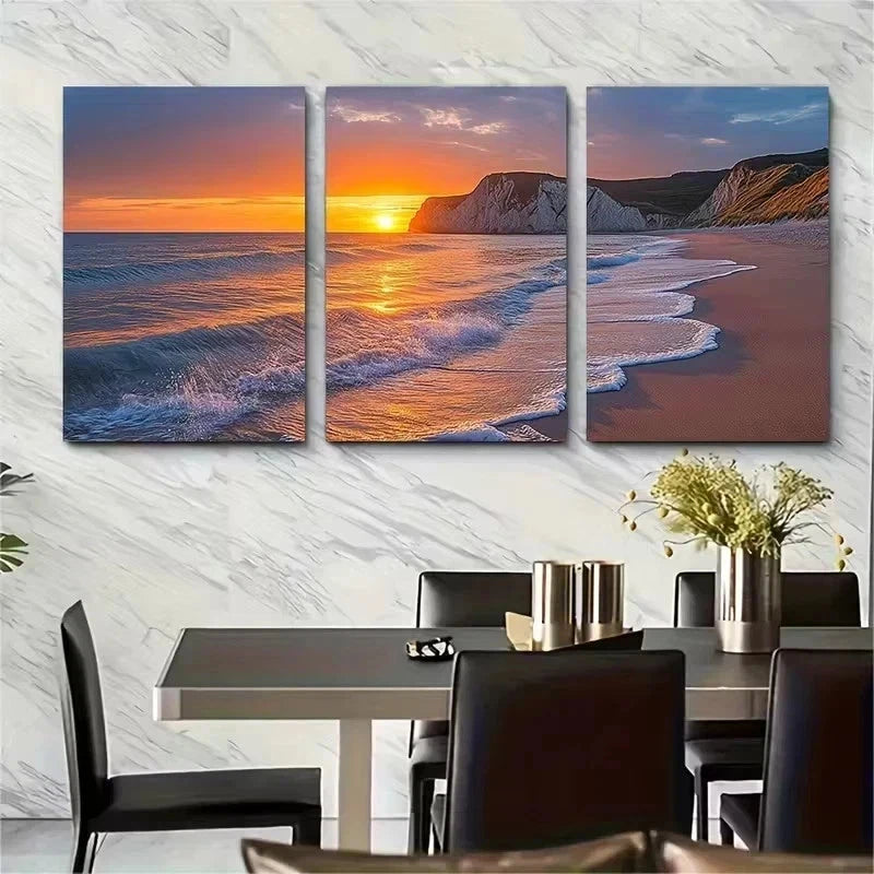 3pcs Sunset at Hengistbury Head Beach Wall Art Set Canvas Framed 60x90cm - High Quality Print 100% Australian Made Wall Canvas Ready to Hang