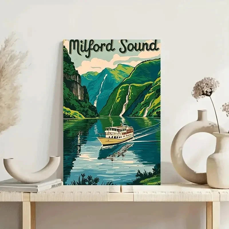 Milford Sound New Zealand Turquoise Waters & Fjord Travel Poster Print Wall Art
