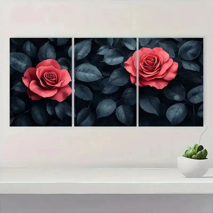 3pcs Old Pink & Black Roses with Stylized Leaves Metal Print Ready to Hang Art