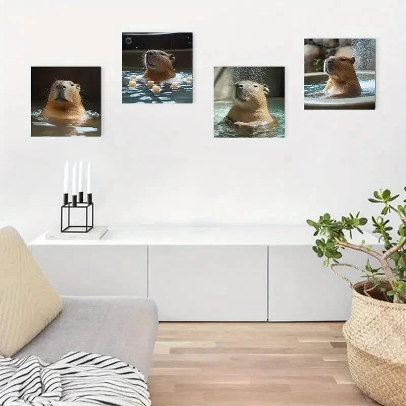 4pcs Capybara Bath Time Picture Wall Art Canvas Framed