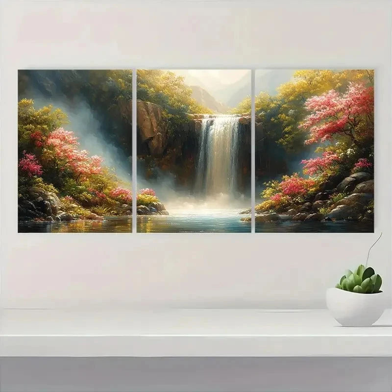 3pcs Colorful Flower Waterfall Painting D Wall Art Set Canvas Framed 50x70cm - High Quality Print 100% Australian Made Wall Canvas Ready to Hang