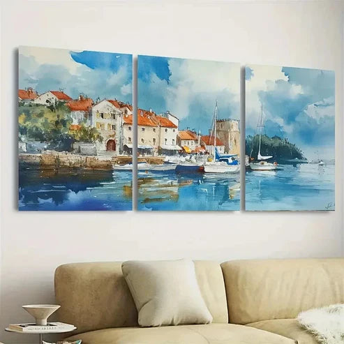3pcs Vibrant Coastal Scene with Boats Wall Art Set Canvas Unframed - High Quality Print 100% Australian Made Wall Canvas