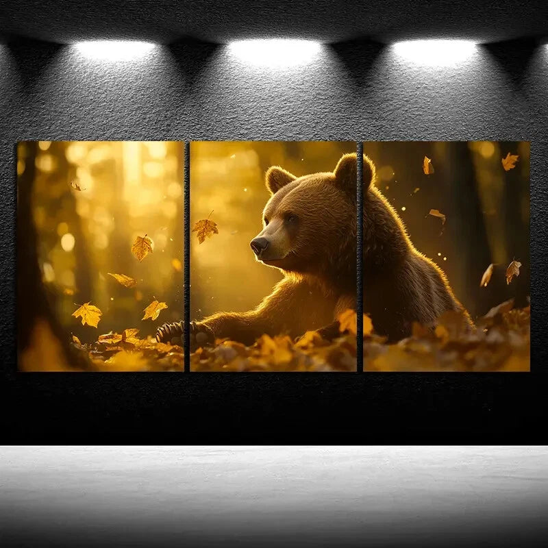 3pcs Bears in the Forest Golden Leaves Metal Print Ready to Hang Art