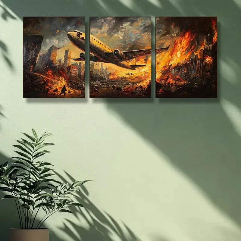 3pcs Dramatic Battle Scene with Airplanes Metal Print Ready to Hang Art