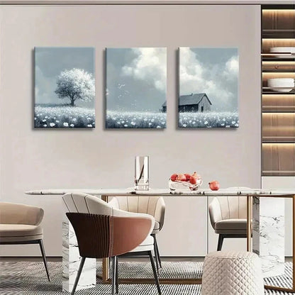 3pcs Wildflower Field Blue And White Tranquil Wall Art Set Canvas Framed 40x60cm - High Quality Print 100% Australian Made Wall Canvas Ready to Hang