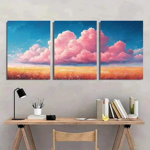 3pcs Vibrant Pink Clouds Landscape Wall Art Set Canvas Unframed - High Quality Print 100% Australian Made Wall Canvas