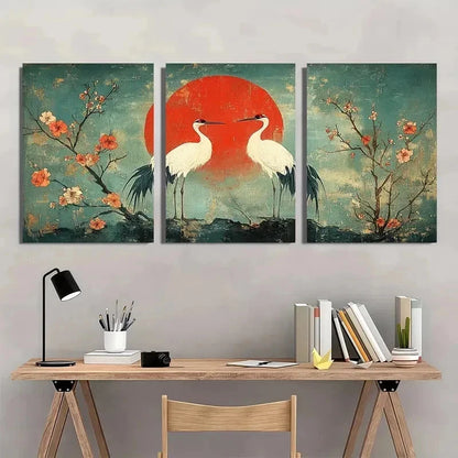 3pcs Two Cranes Utagawa Hiroshige Perfect Wall Art Set Canvas Framed 40x60cm - High Quality Print 100% Australian Made Wall Canvas Ready to Hang