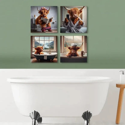 4pcs Rustic Highland Cow Wall Art Canvas Framed