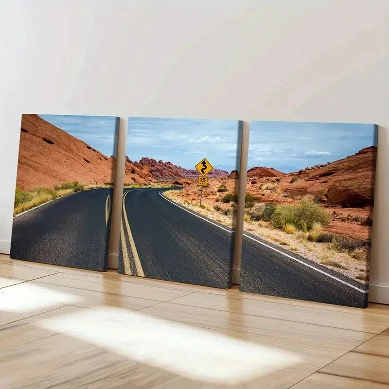 3pcs Road Landscape with Cacti & Rock Formations Wall Art Set Canvas Framed 40x60cm - High Quality Print 100% Australian Made Wall Canvas Ready to Hang
