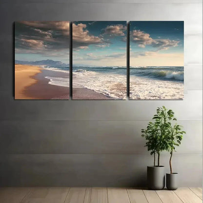 3pcs Coastal Scenes with Golden Sand Cloud Sky Metal Print Ready to Hang Art