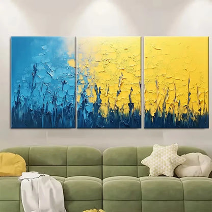 3pcs Abstract Painting On Blue Yellow Textured Metal Print Ready to Hang Art