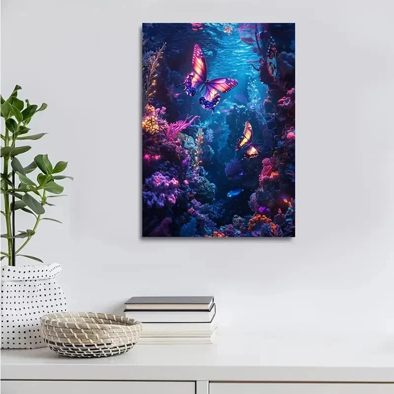 Dreamlike Coral Reef Scene with Glowing Neon Painting 40x60cm Metal Print Ready to Hang