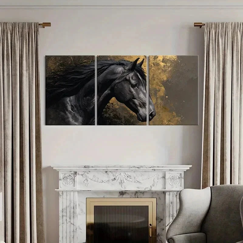 3pcs Black Horse Art Abstract Design Golden Metal Print Ready to Hang Art