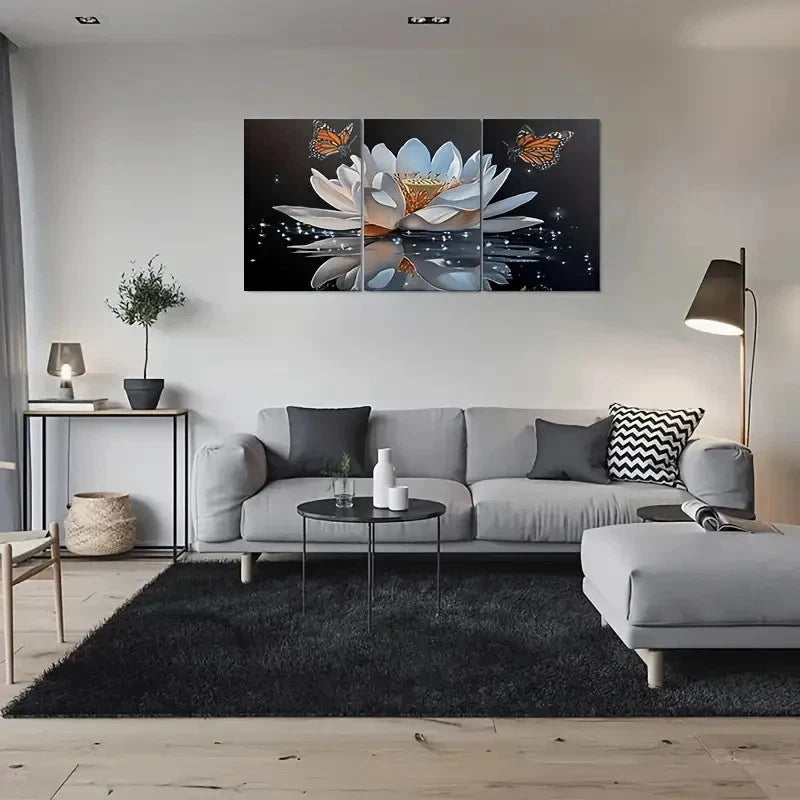 3pcs Tranquil Lotus Pond Butterfly Metal Print Ready to Hang Art
