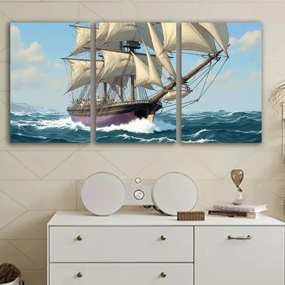 3pcs Tall Ship Artwork Wall Art Set Canvas Framed 50x70cm - High Quality Print 100% Australian Made Wall Canvas Ready to Hang