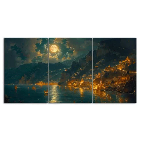3pcs Cliffside Village at Night Full Moon Scenery Canvas Framed 60x90cm - High Quality Print 100% Australian Made Wall Canvas Ready to Hang