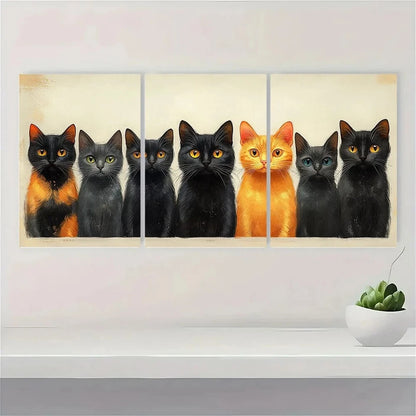 3pcs Modern Abstract Black Orange Cat Lineup Metal Print Ready to Hang Art
