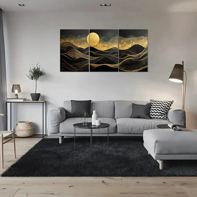 3pcs Golden Moon and Black Waves Metal Print Ready to Hang Art